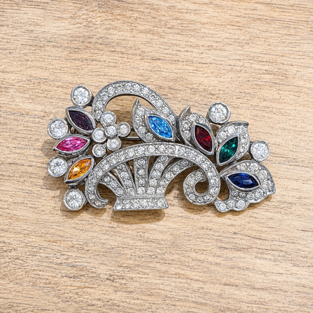 Vintage Women Flower Basket Brooch Art Deco Silver Tone Multicolor Crystal Pin